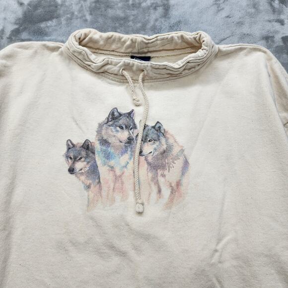 Vintage Wek The World Sweatshirt Mens 2(XL) Beige Wolves Wildlife Drawstring Hem - Picture 2 of 11